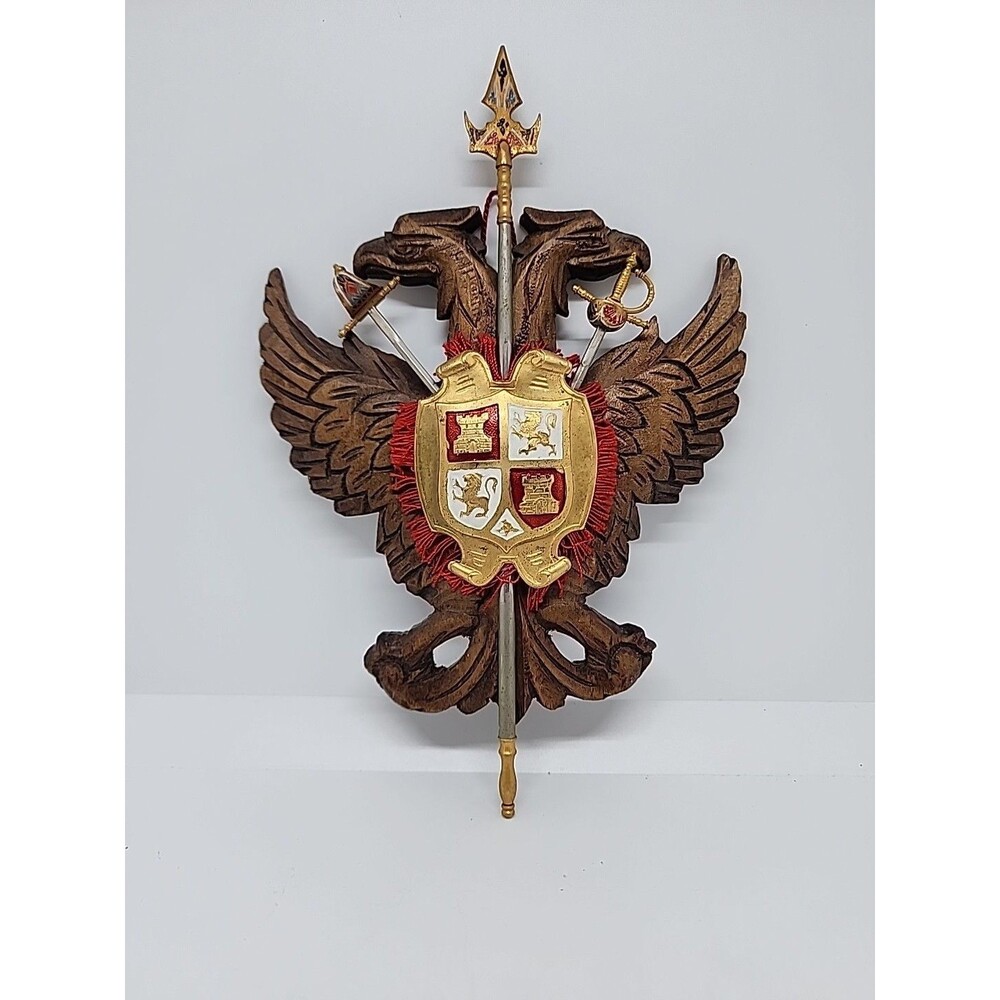 Vintage Toledo Spain Wooden Wall Plaque Coat Of Arms With Swords And Shield